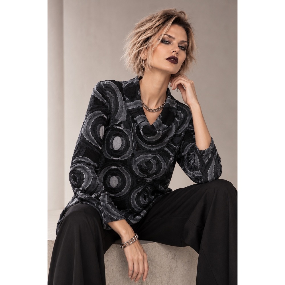 Feratelli Black Grey Abstract Swirl Deep Draped Cowl Neck Burnout Top Large